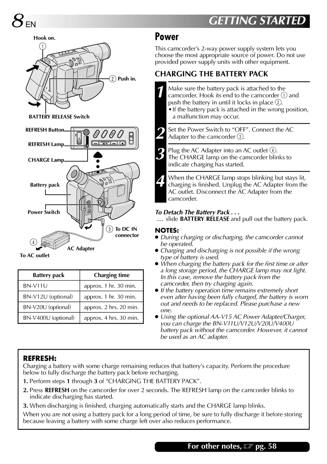 JVC GR-SXM530 specifications Power, Charging the Battery Pack, To Detach The Battery Pack, Battery pack Charging time 