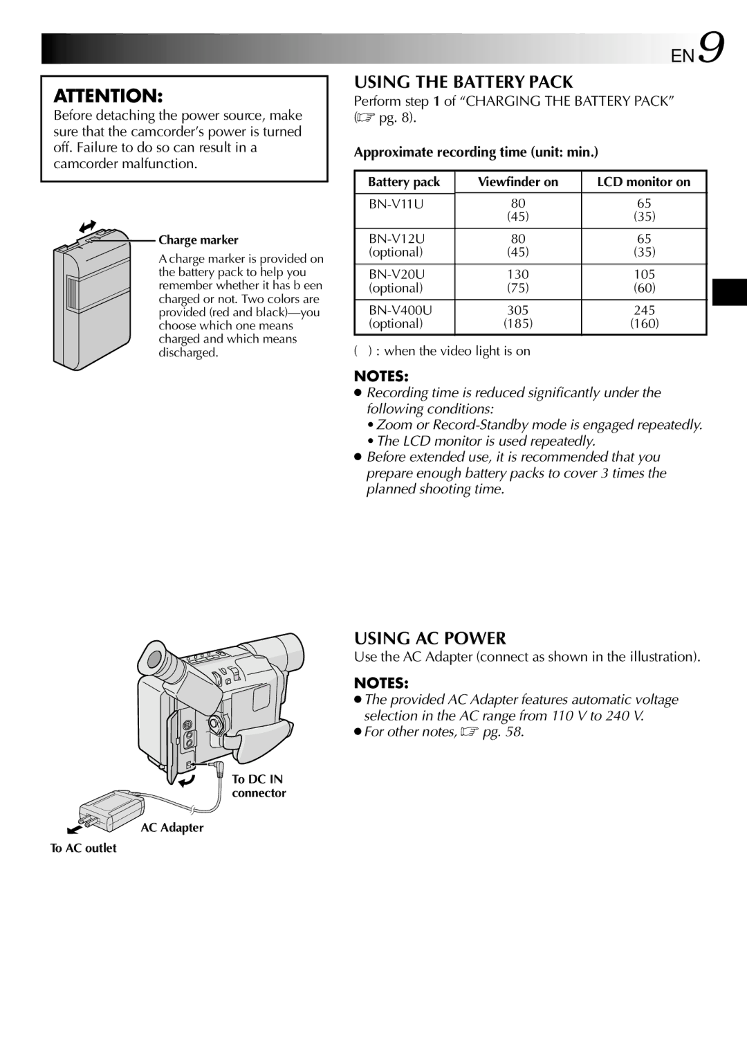 JVC GR-SXM530 specifications Using the Battery Pack, Using AC Power, Perform of Charging the Battery Pack  pg 