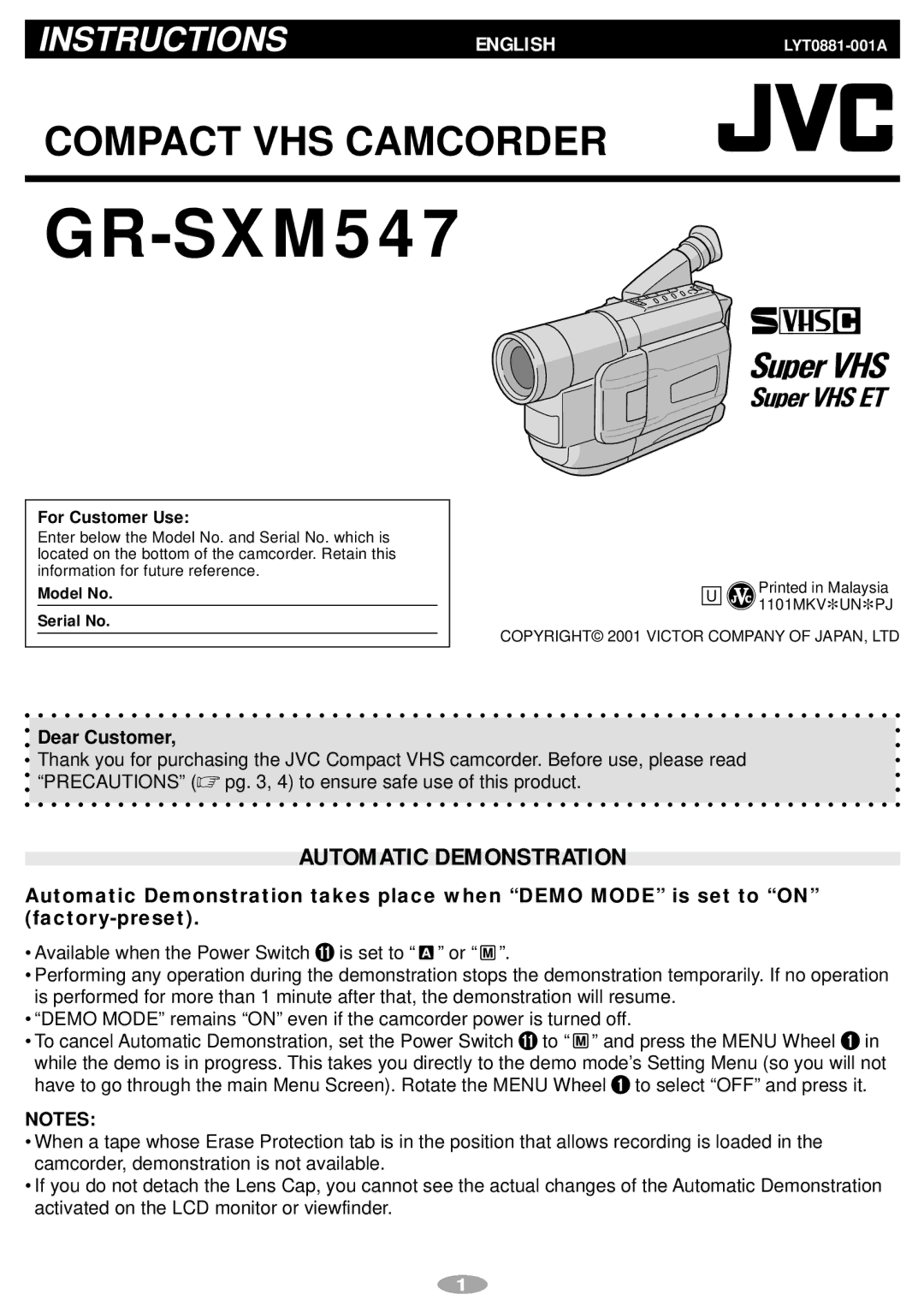 JVC LYT0881-001A, GR-SXM547 manual Automatic Demonstration, Dear Customer, For Customer Use 