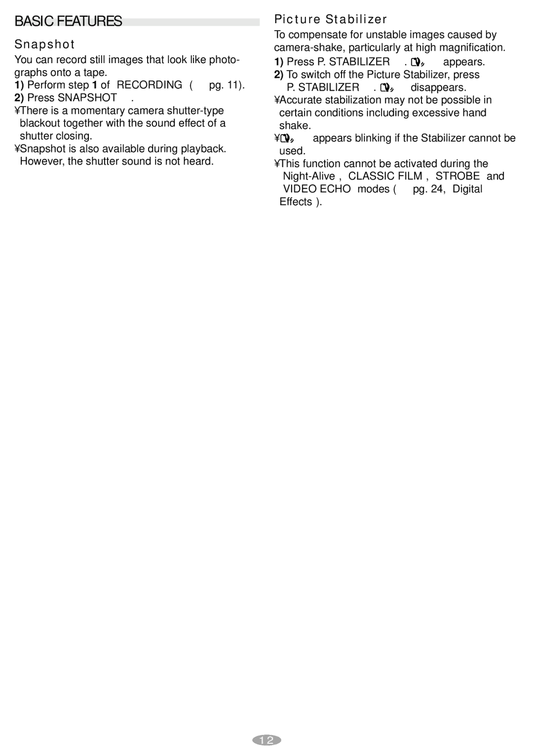 JVC GR-SXM547, LYT0881-001A manual Basic Features, Snapshot, Picture Stabilizer 