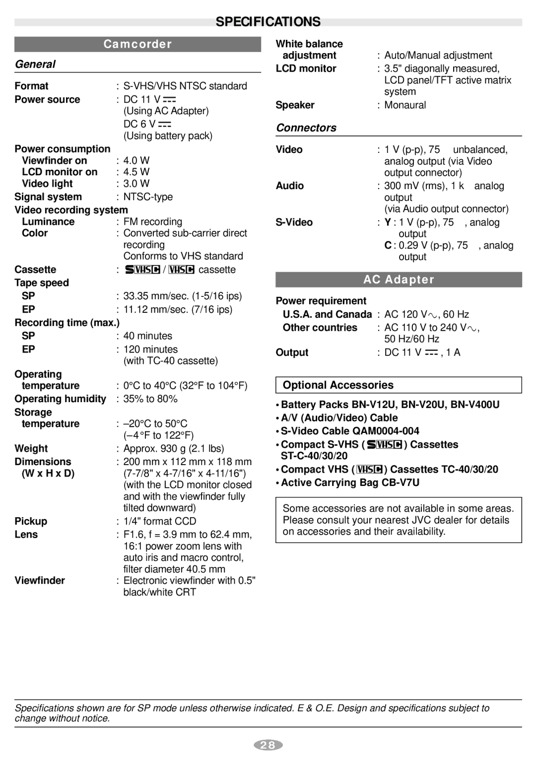 JVC GR-SXM547, LYT0881-001A manual Specifications 