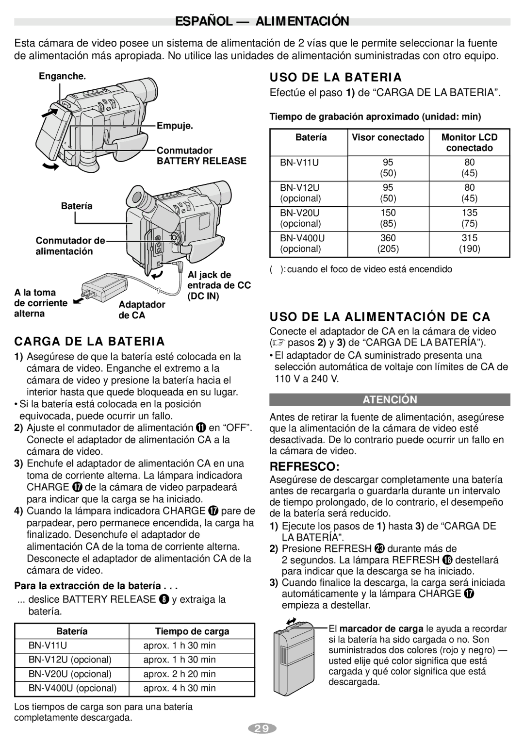 JVC LYT0881-001A Español Alimentación, Carga DE LA Bateria, USO DE LA Bateria, USO DE LA Alimentación DE CA, Refresco 