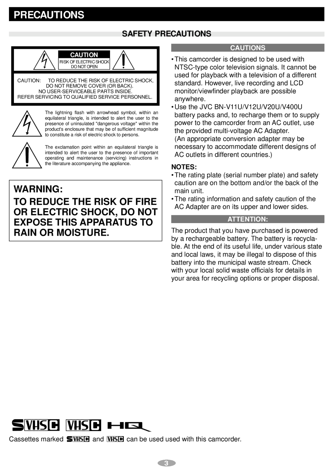 JVC LYT0881-001A, GR-SXM547 manual Safety Precautions 