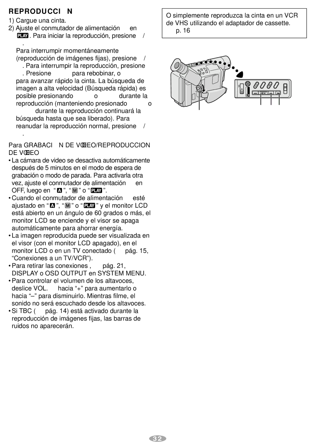 JVC GR-SXM547, LYT0881-001A manual Reproducción, Cargue una cinta, Para Grabació N DE VÍDEO/REPRODUCCION DE Vídeo 