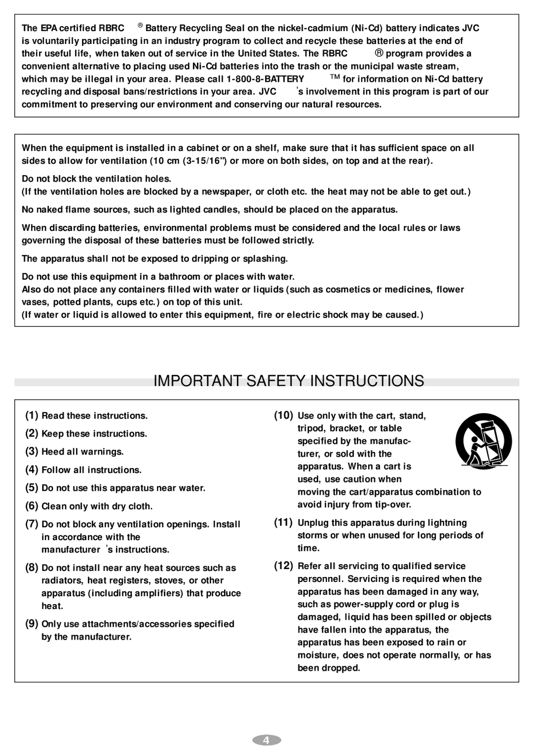 JVC GR-SXM547, LYT0881-001A manual Important Safety Instructions 