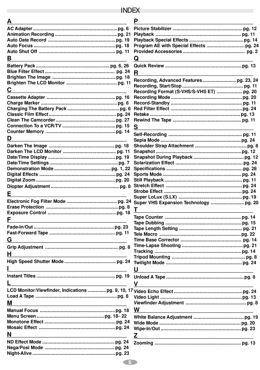 JVC LYT0881-001A, GR-SXM547 manual Index, LCD Monitor/Viewfinder, Indications Pg , 10 