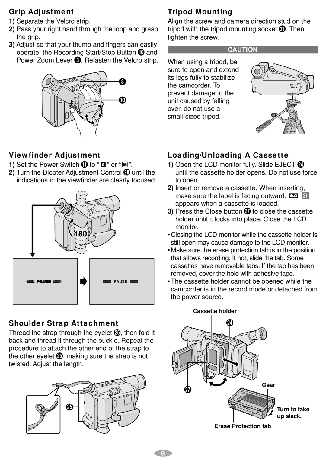 JVC GR-SXM547, LYT0881-001A manual Grip Adjustment, Viewfinder Adjustment, 180, Shoulder Strap Attachment, Tripod Mounting 