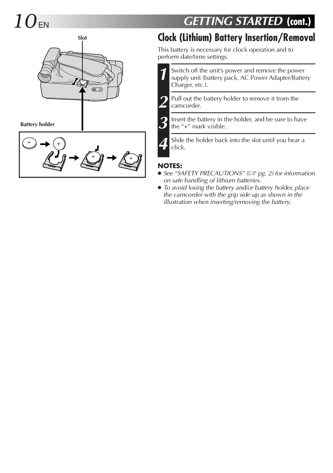 JVC GR-SXM720 specifications 10 EN, Getting Started, Clock Lithium Battery Insertion/Removal 