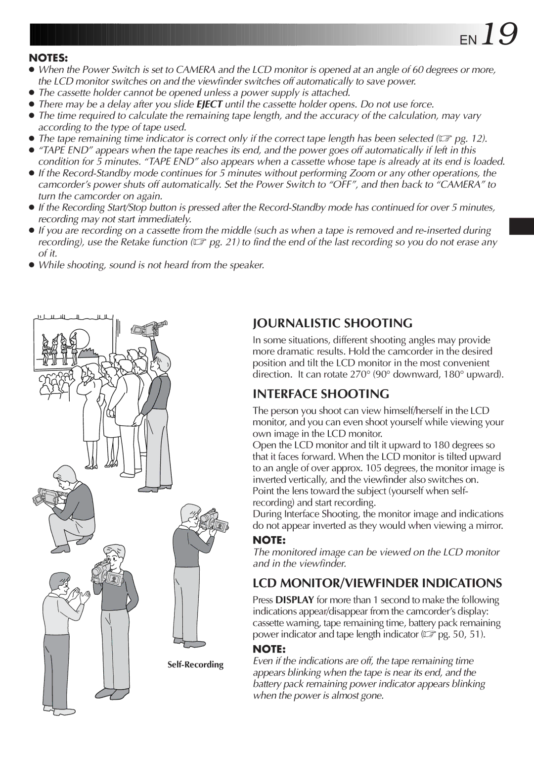 JVC GR-SXM720 specifications EN19, Journalistic Shooting, Interface Shooting, LCD MONITOR/VIEWFINDER Indications 