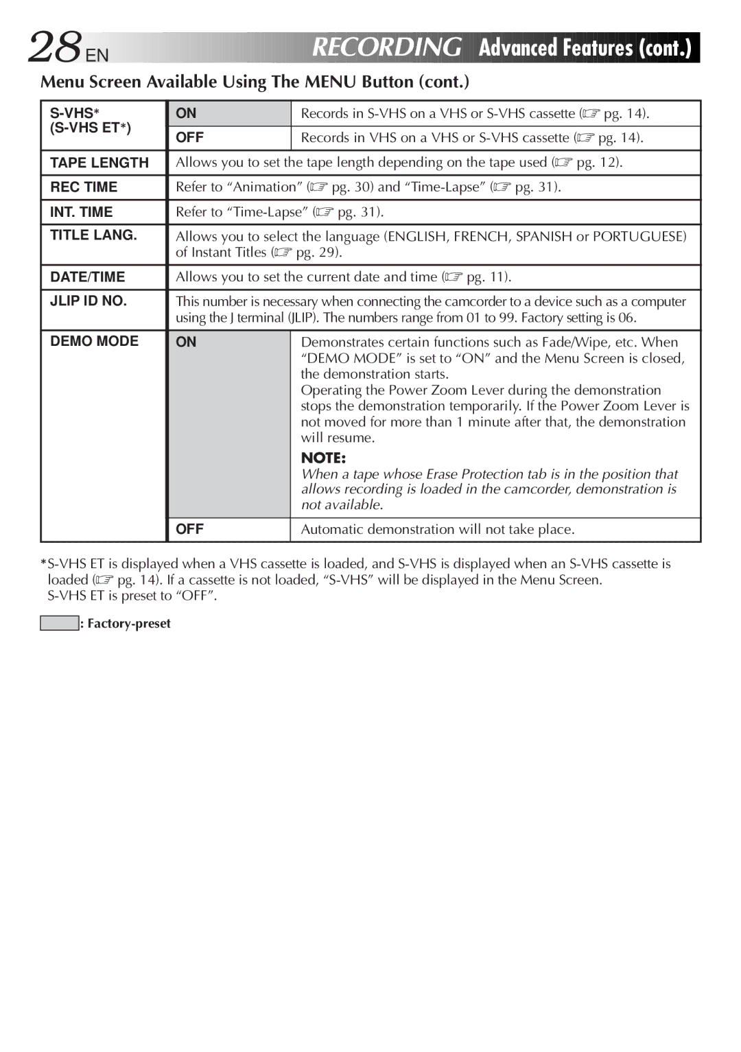 JVC GR-SXM720 specifications 28 EN, Advanced Features 