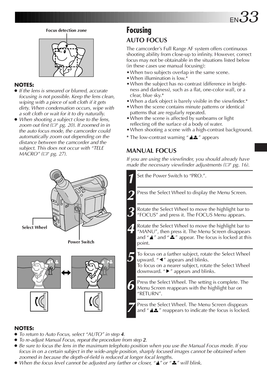 JVC GR-SXM720 specifications Focusing, EN33, Auto Focus, Manual Focus, Patterns that are regularly repeated 