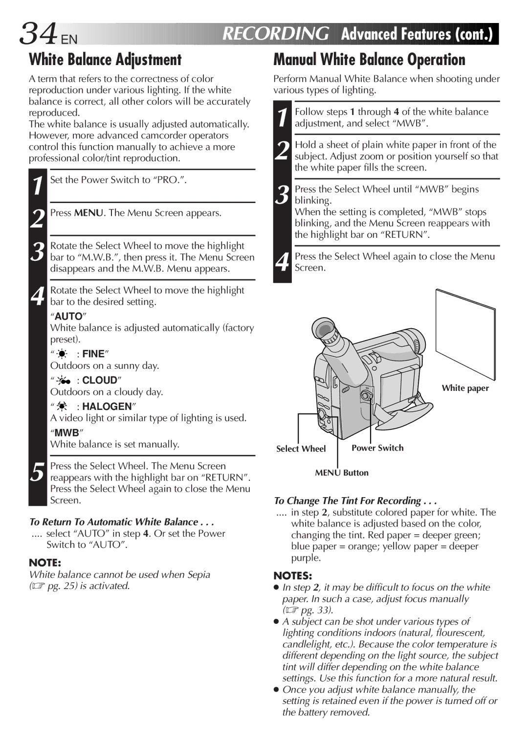 JVC GR-SXM720 specifications 34 EN, Manual White Balance Operation, To Return To Automatic White Balance 