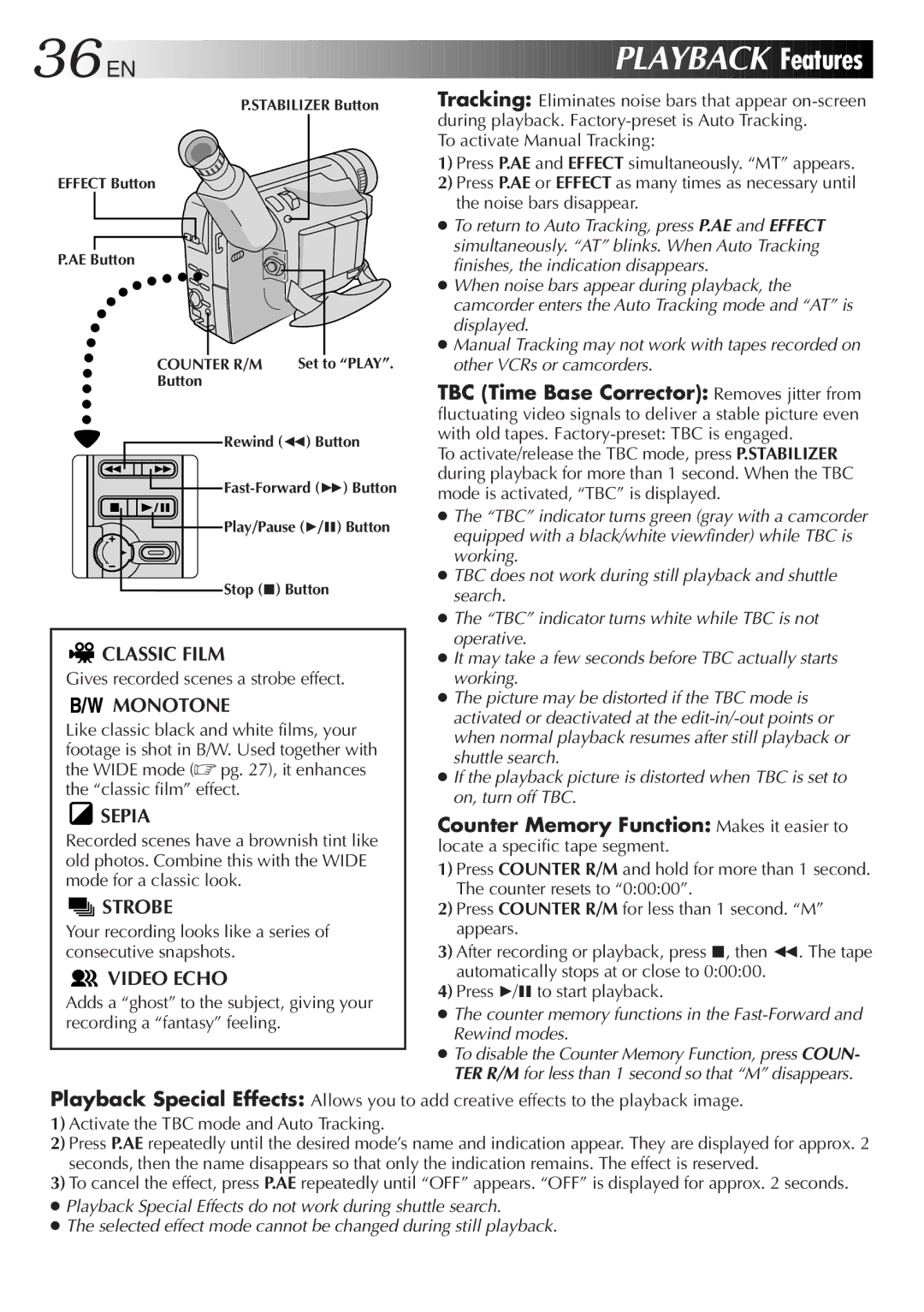 JVC GR-SXM720 specifications 36 EN, Playback Features, Gives recorded scenes a strobe effect 