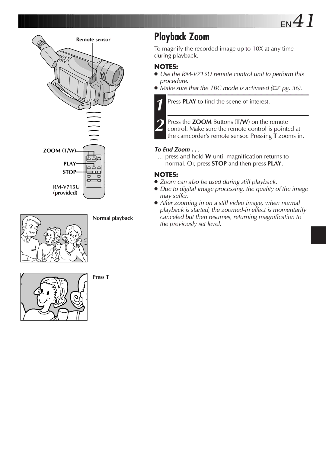 JVC GR-SXM720 specifications Playback Zoom, EN41, Press Play to find the scene of interest, To End Zoom 