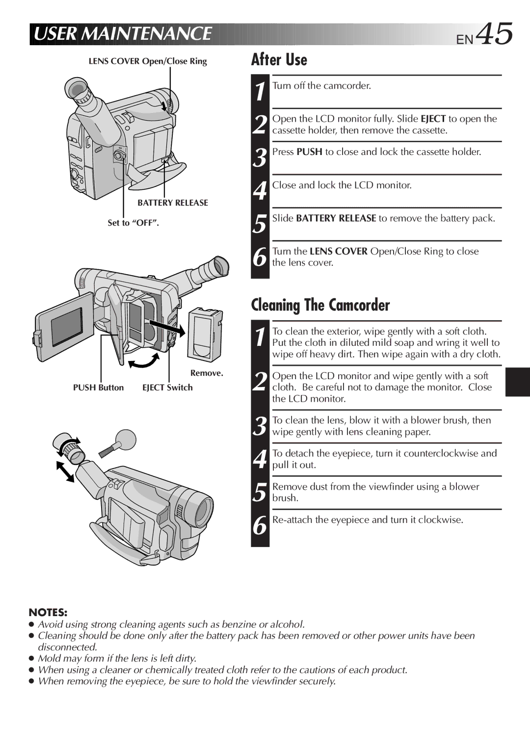 JVC GR-SXM720 specifications After Use, Cleaning The Camcorder, EN45 