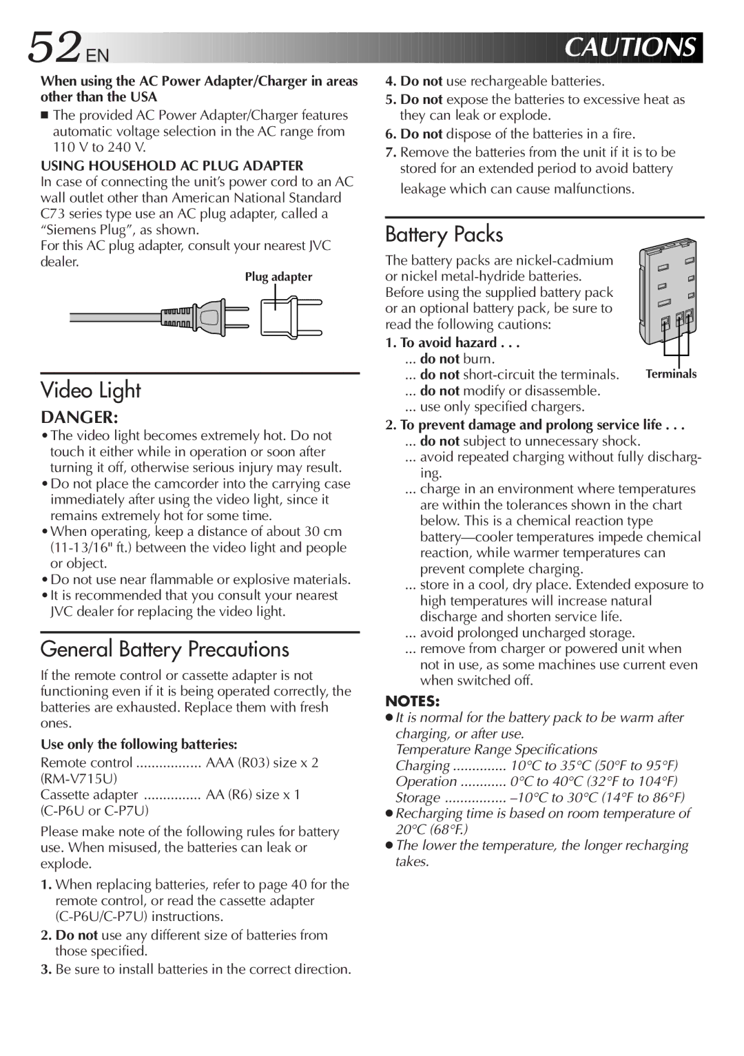 JVC GR-SXM720 specifications Use only the following batteries, To avoid hazard, To prevent damage and prolong service life 