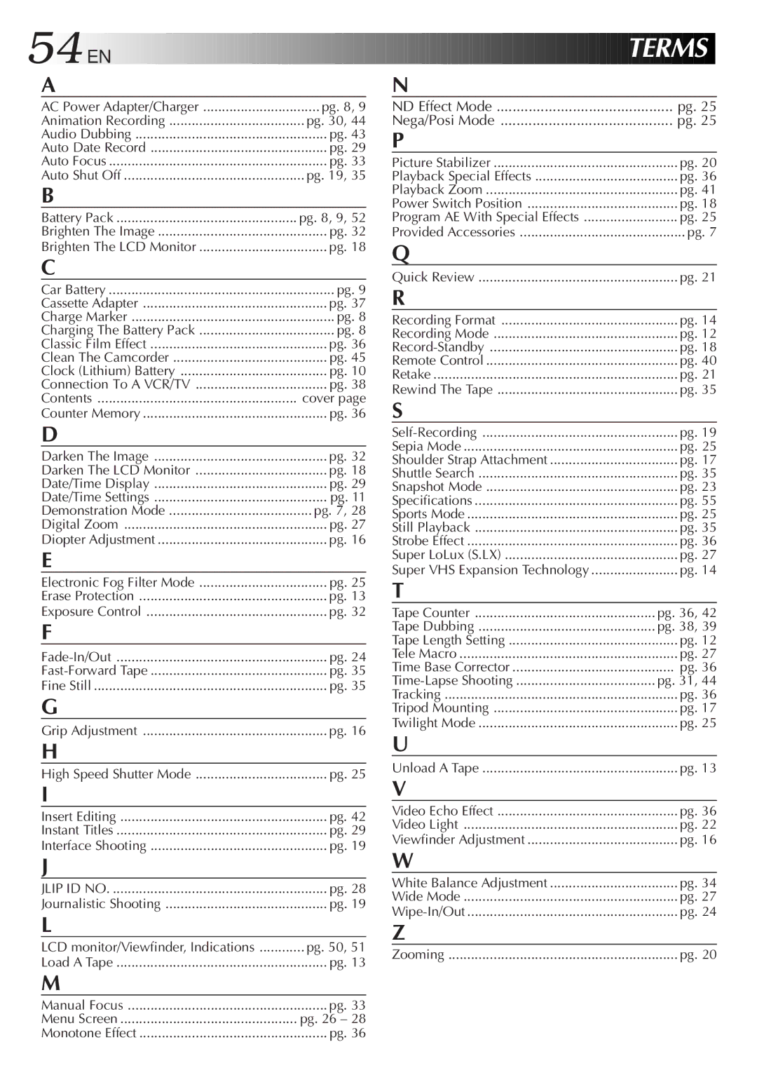 JVC GR-SXM720 specifications 54 EN, Terms 