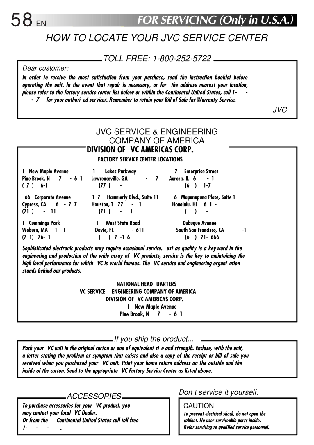 JVC GR-SXM720 specifications 58 EN, For Servicing Only in U.S.A 