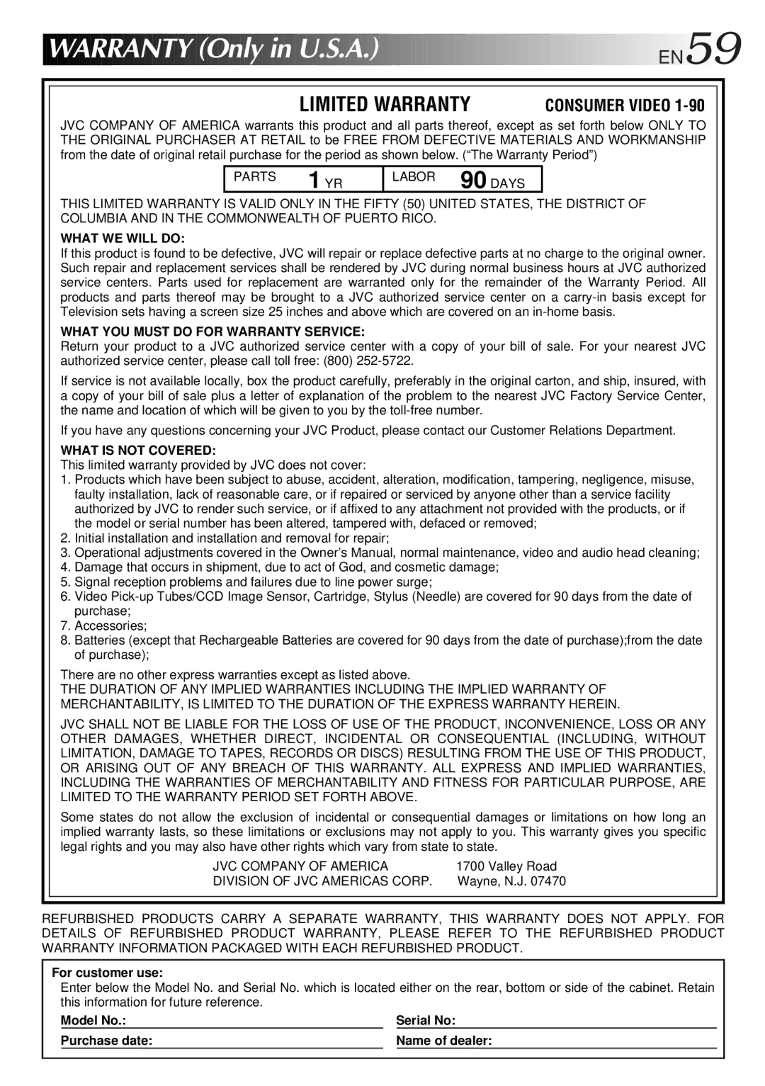 JVC GR-SXM720 specifications Warranty Only in U.S.A, EN59 