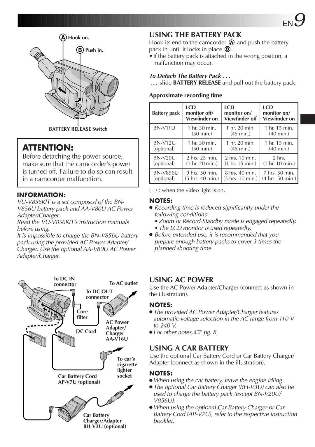 JVC GR-SXM720 specifications EN9, Using the Battery Pack, Using AC Power, Using a CAR Battery, To Detach The Battery Pack 