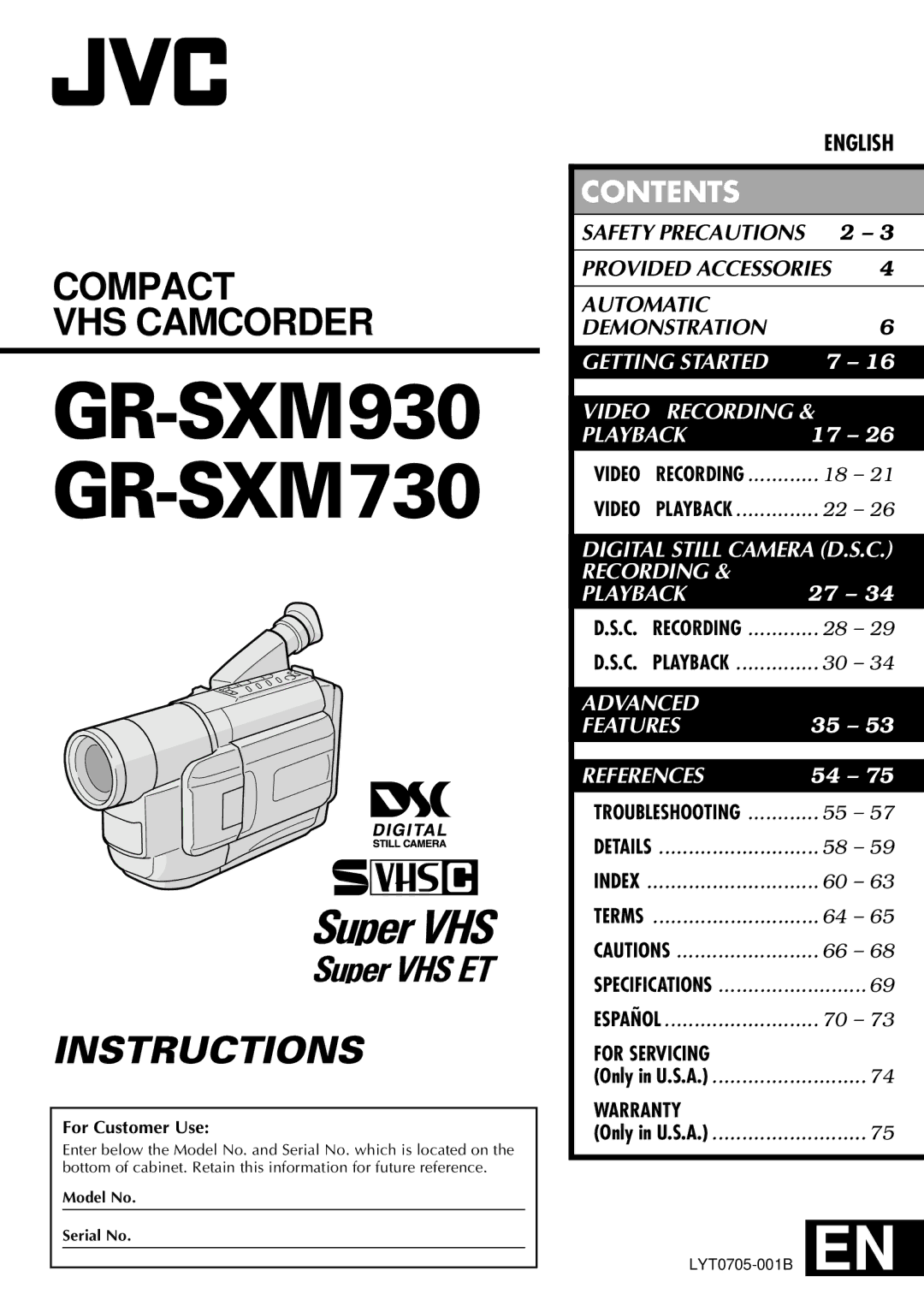 JVC specifications GR-SXM930 GR-SXM730 