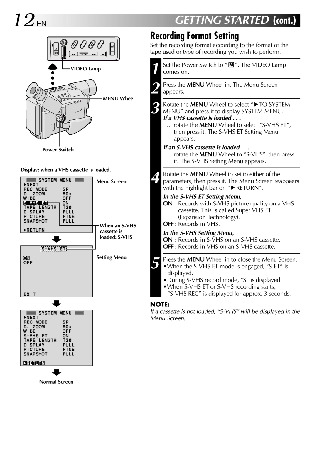 JVC GR-SXM730, GR-SXM930 specifications 12 EN, Recording Format Setting 