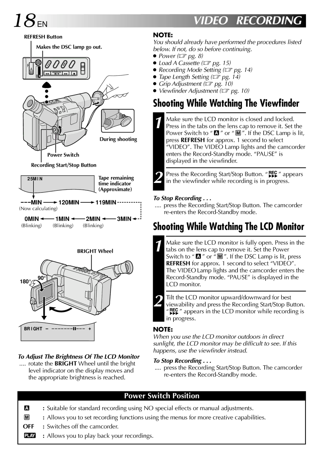 JVC GR-SXM730, GR-SXM930 specifications 18 EN, Video Recording, To Stop Recording, Rotate the Bright Wheel until the bright 