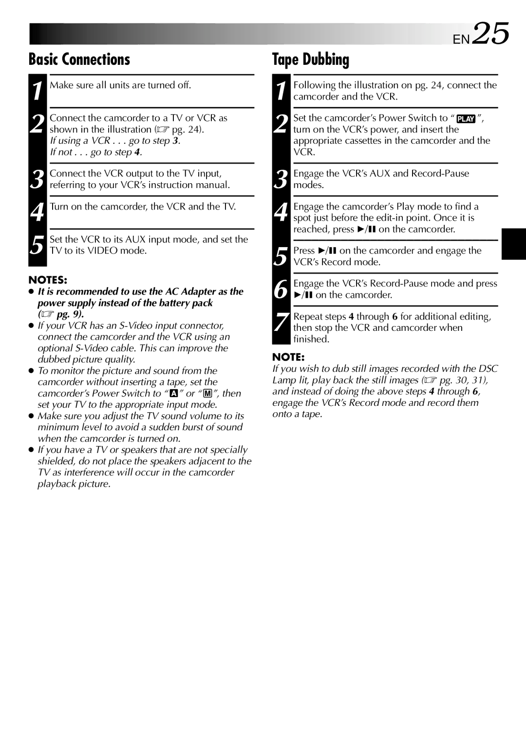 JVC GR-SXM930, GR-SXM730 specifications Tape Dubbing, EN25, Power supply instead of the battery pack  pg 