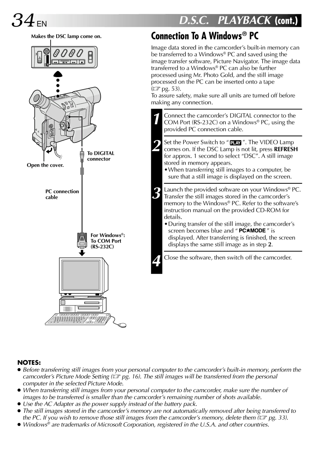 JVC GR-SXM730, GR-SXM930 34 EN, Connection To a Windows PC, During transfer of the still image, the camcorder’s 