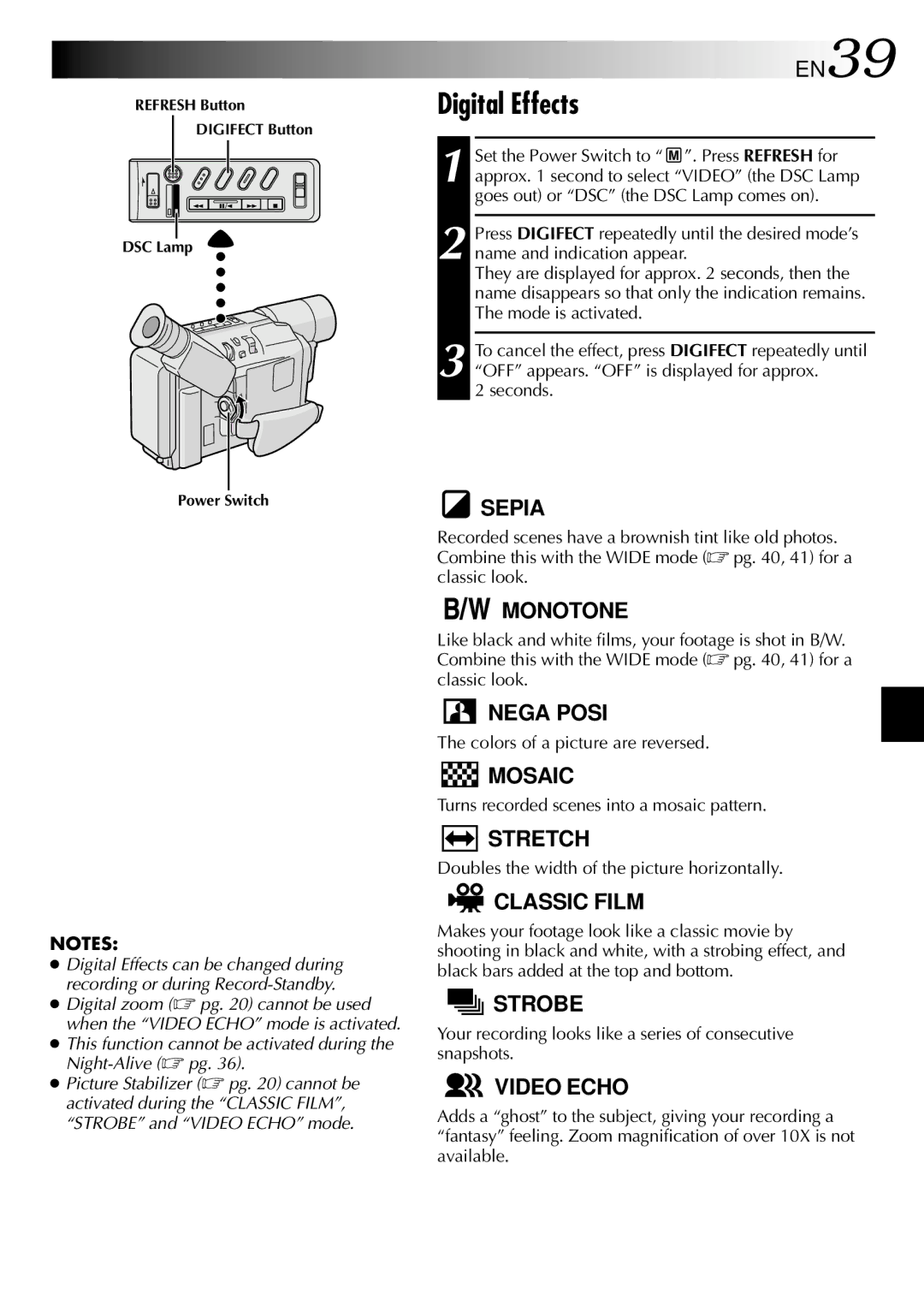 JVC GR-SXM930, GR-SXM730 specifications Digital Effects 