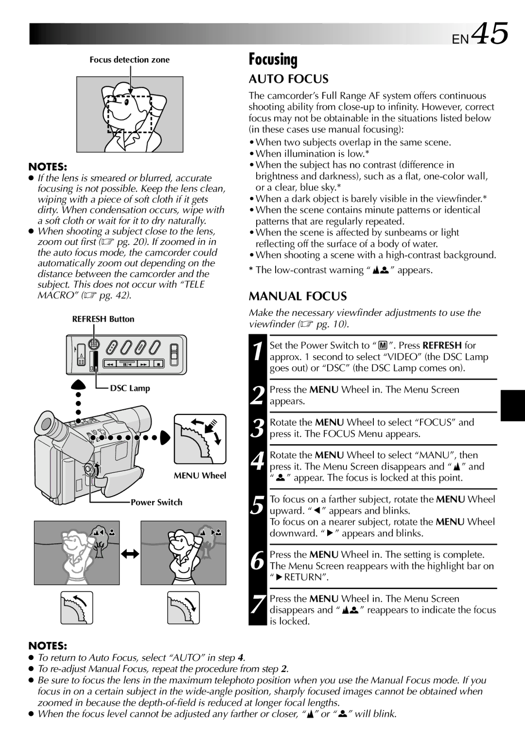 JVC GR-SXM930, GR-SXM730 specifications Focusing, EN45, Auto Focus, Manual Focus 