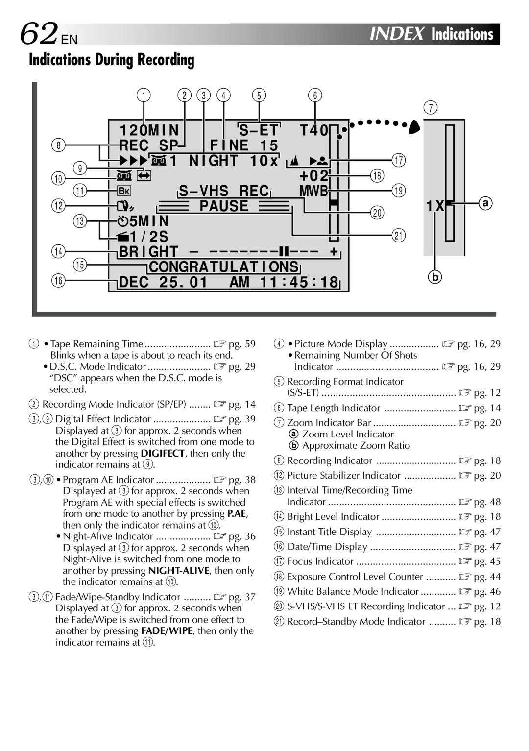 JVC GR-SXM730, GR-SXM930 specifications 62 EN, Indications During Recording 