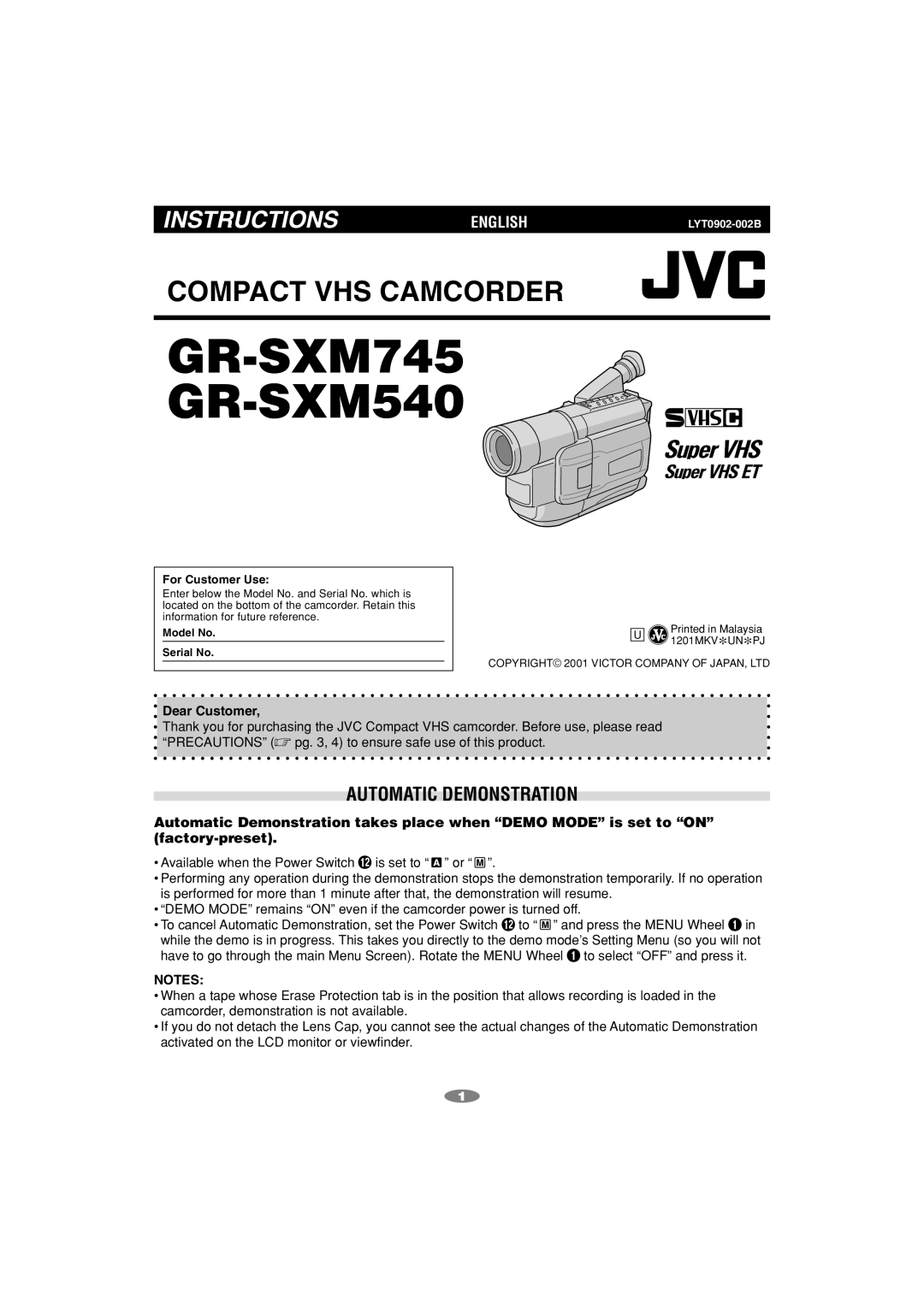 JVC GR-SXM540, GR-SXM745 manual Automatic Demonstration, Dear Customer 