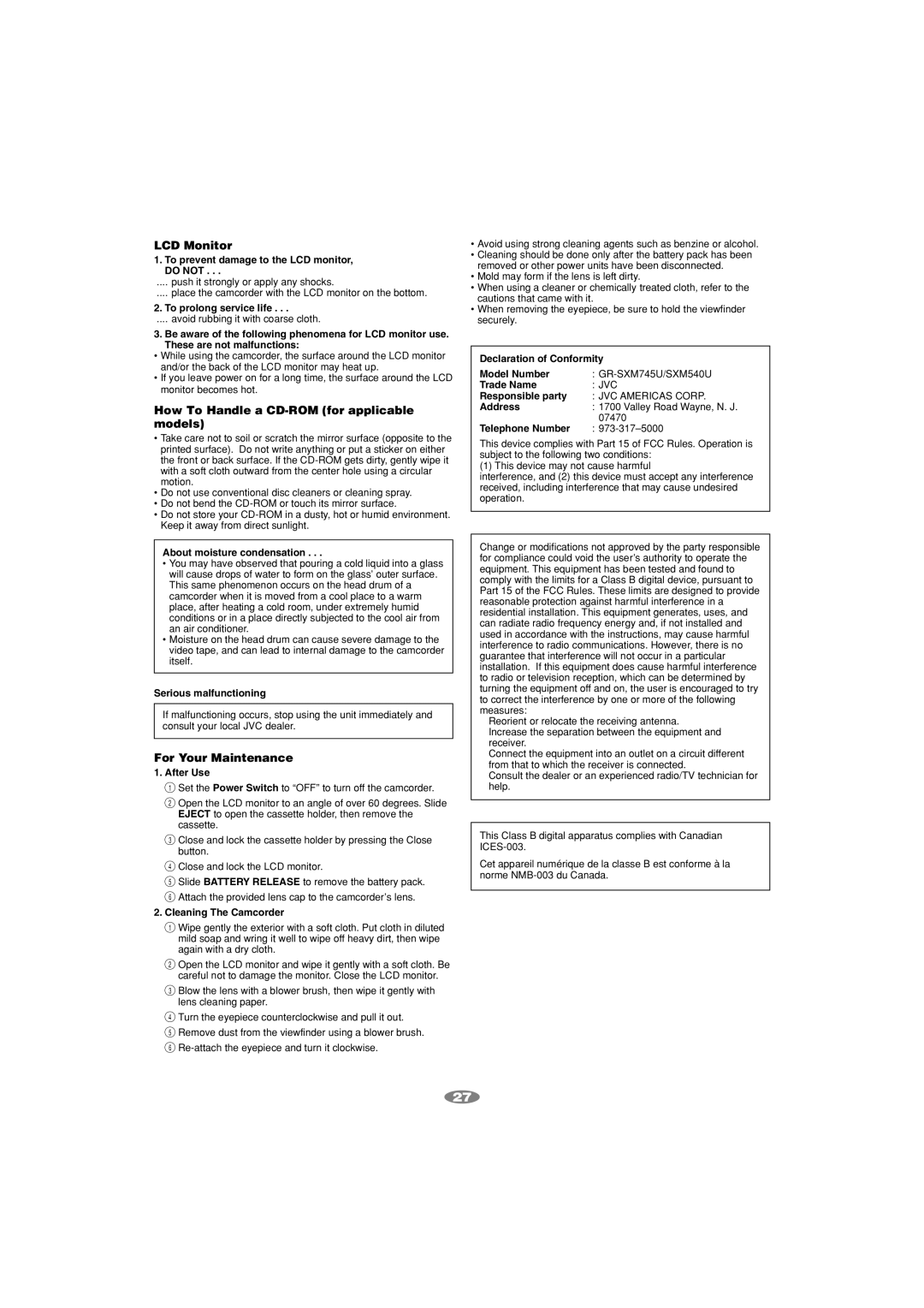 JVC GR-SXM540, GR-SXM745 manual How To Handle a CD-ROM for applicable models 