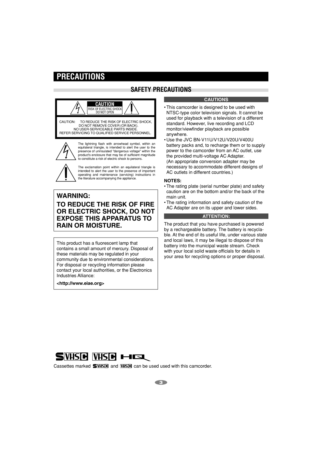 JVC GR-SXM540, GR-SXM745 manual Safety Precautions 