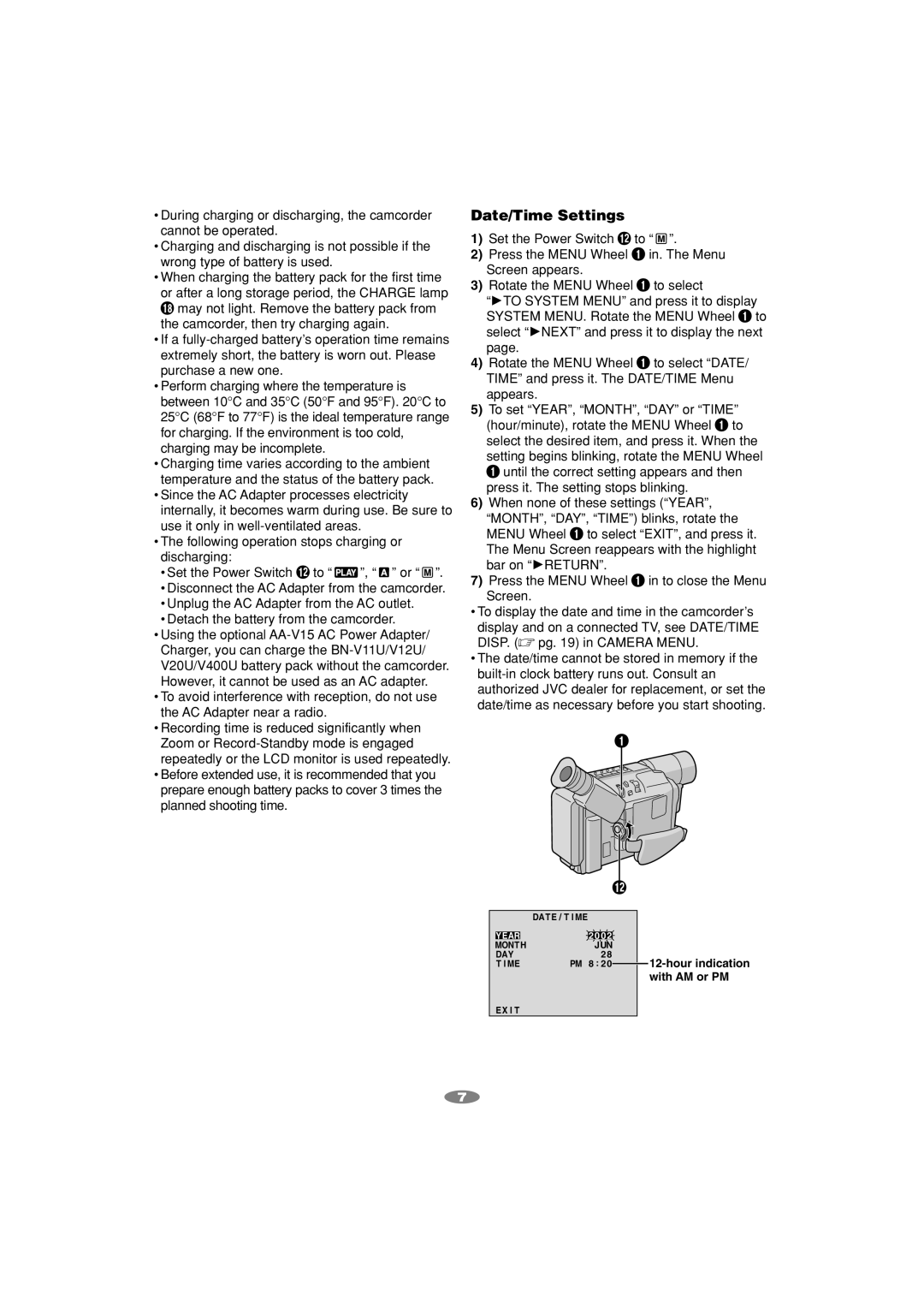 JVC GR-SXM540, GR-SXM745 manual Date/Time Settings 