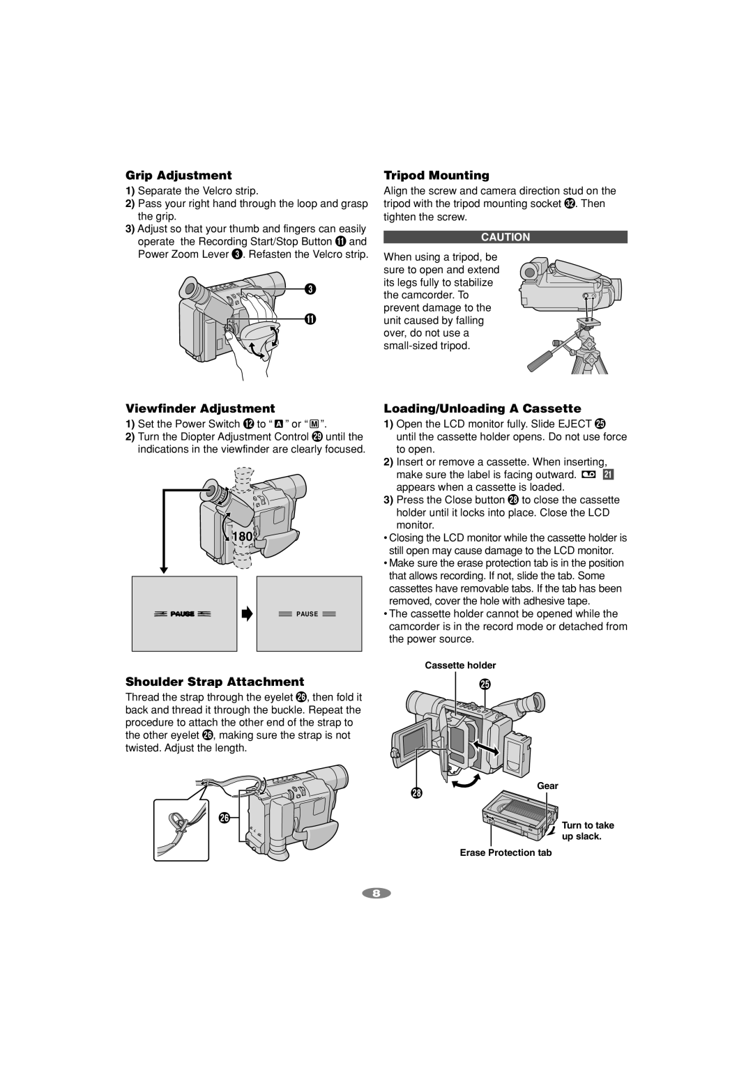 JVC GR-SXM745, GR-SXM540 manual Grip Adjustment, Viewfinder Adjustment, 180, Shoulder Strap Attachment, Tripod Mounting 