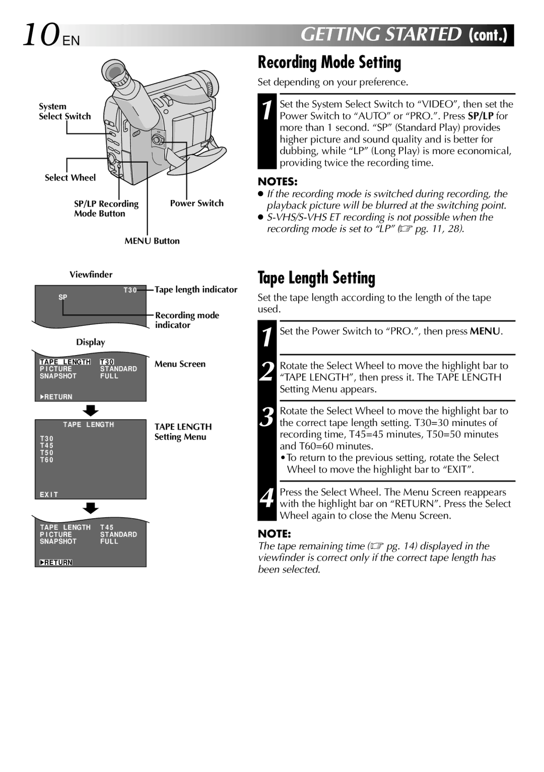 JVC GR-SXM760A specifications 10 EN, Recording Mode Setting, Tape Length Setting, Set depending on your preference 
