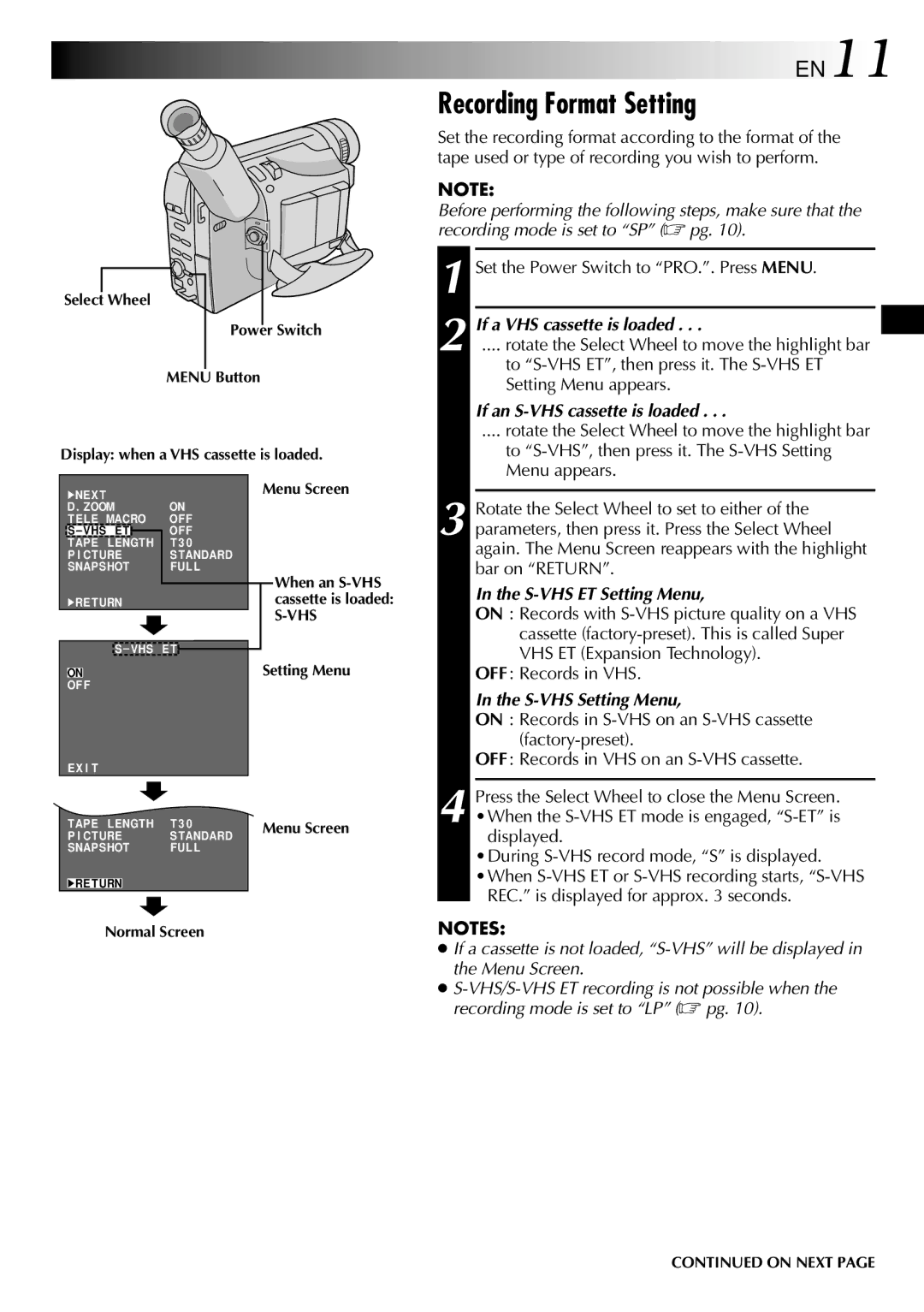 JVC GR-SXM760A Recording Format Setting, If a VHS cassette is loaded, If an S-VHS cassette is loaded, S-VHS Setting Menu 