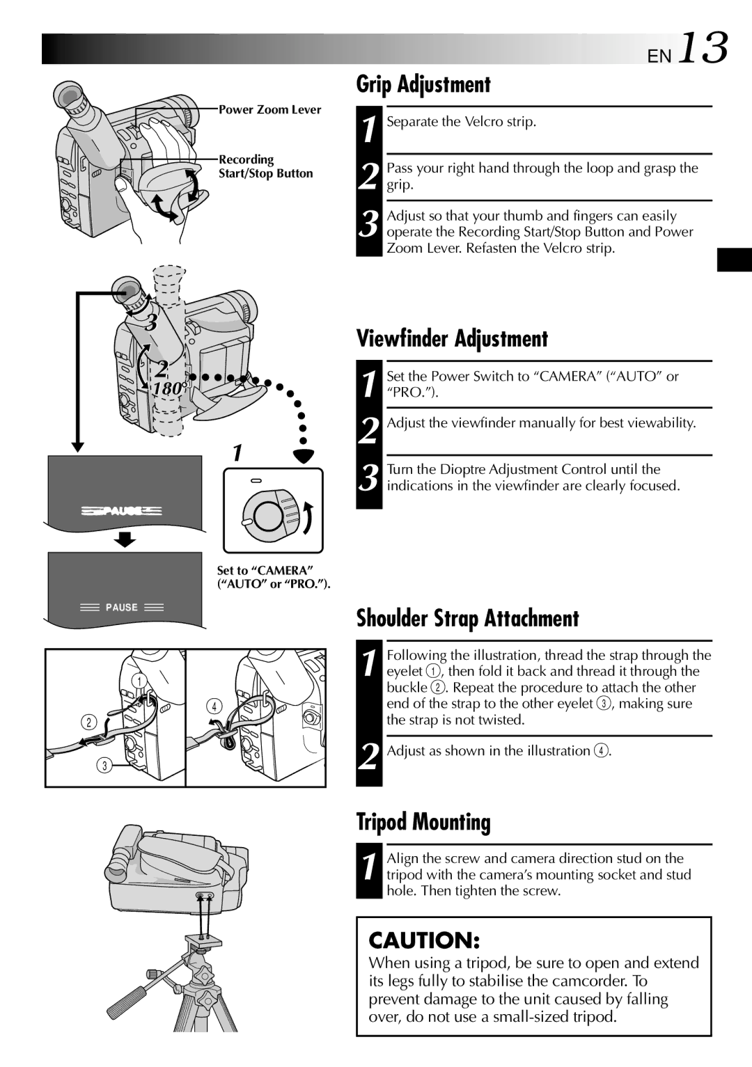 JVC GR-SXM760A specifications Grip Adjustment, Viewfinder Adjustment, Shoulder Strap Attachment, Tripod Mounting 