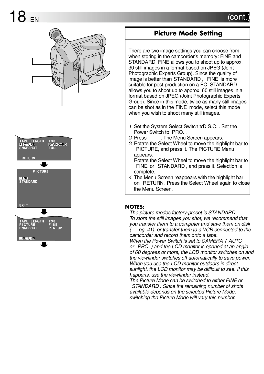 JVC GR-SXM760A specifications 18 EN, Feature Picture Mode Setting 