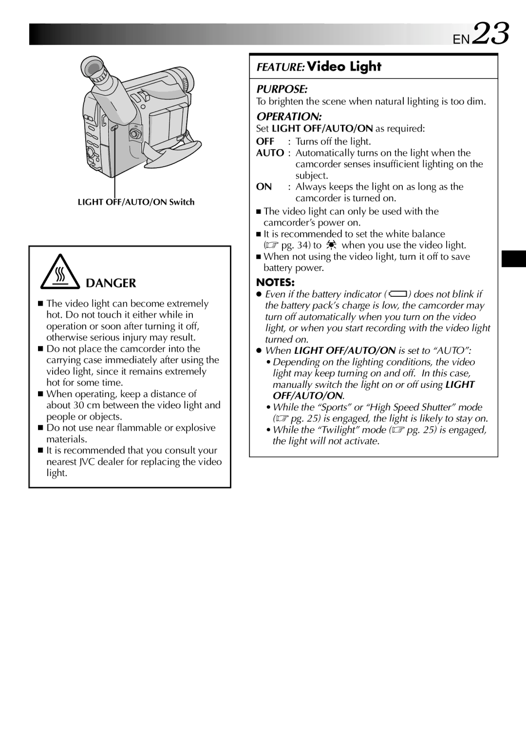 JVC GR-SXM760A specifications Feature Video Light, To brighten the scene when natural lighting is too dim 