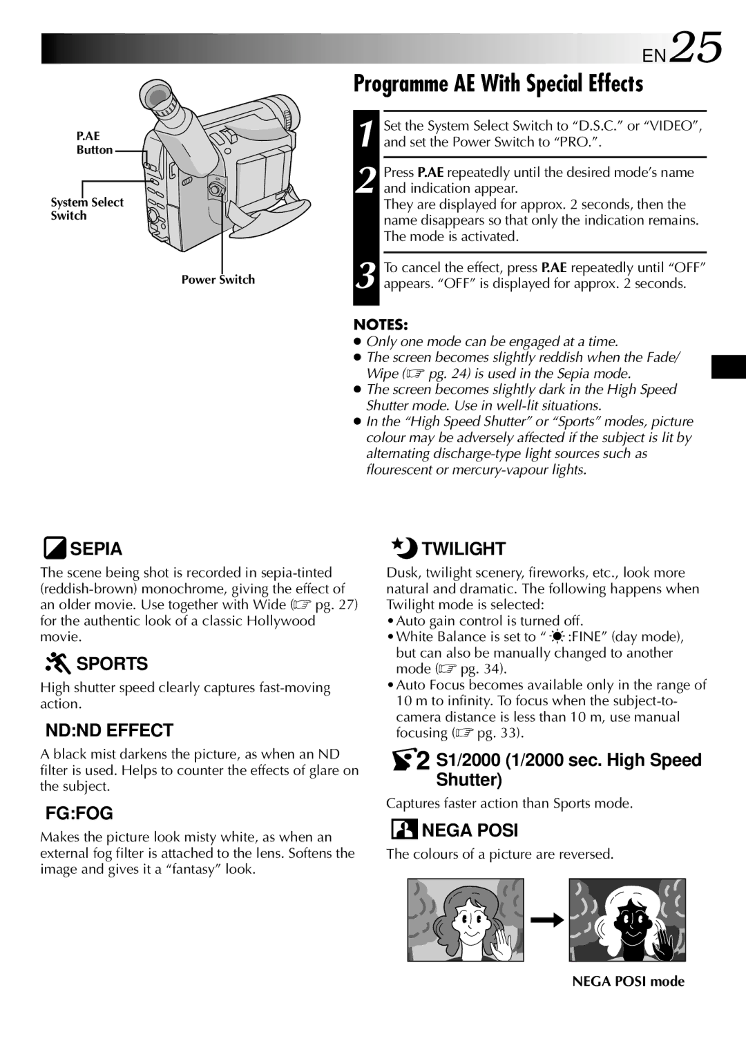 JVC GR-SXM760A Programme AE With Special Effects, High shutter speed clearly captures fast-moving action, Nega Posi mode 