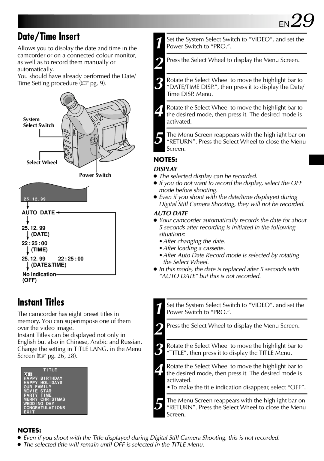 JVC GR-SXM760A specifications Date/Time Insert, Instant Titles 