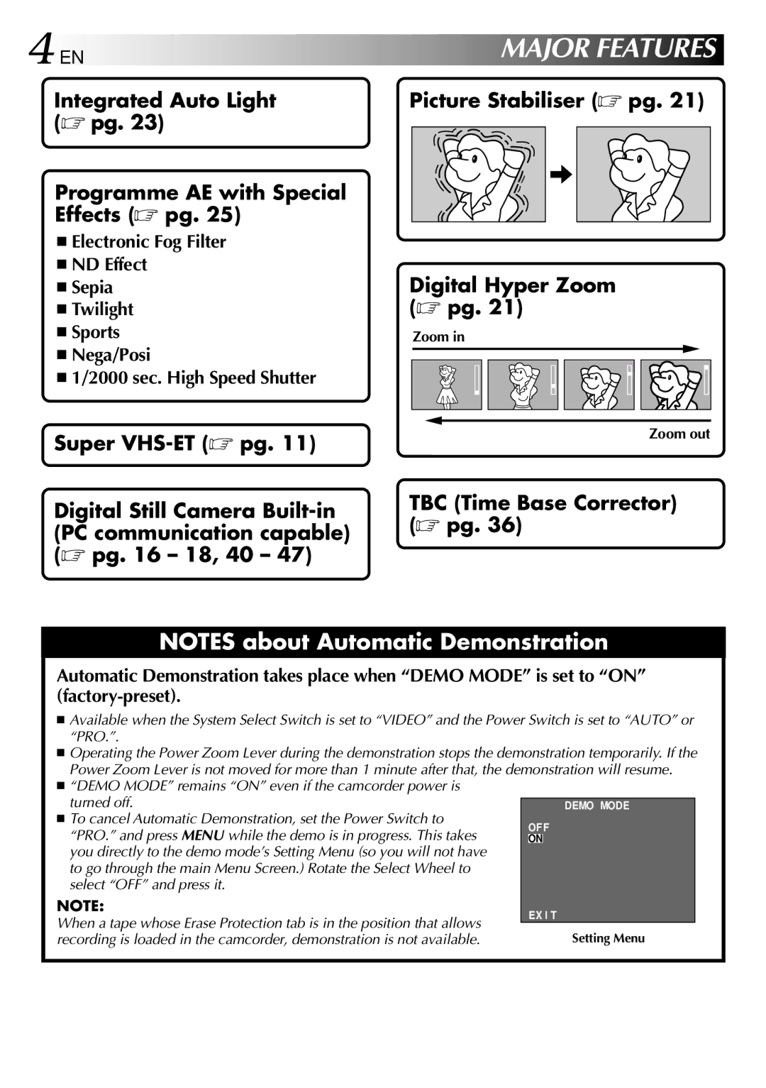 JVC GR-SXM760A specifications Picture Stabiliser  pg Digital Hyper Zoom  pg, TBC Time Base Corrector  pg, Zoom Zoom out 