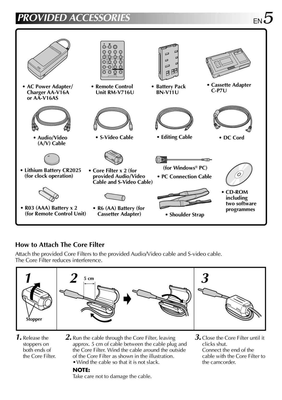 JVC GR-SXM760A specifications How to Attach The Core Filter 