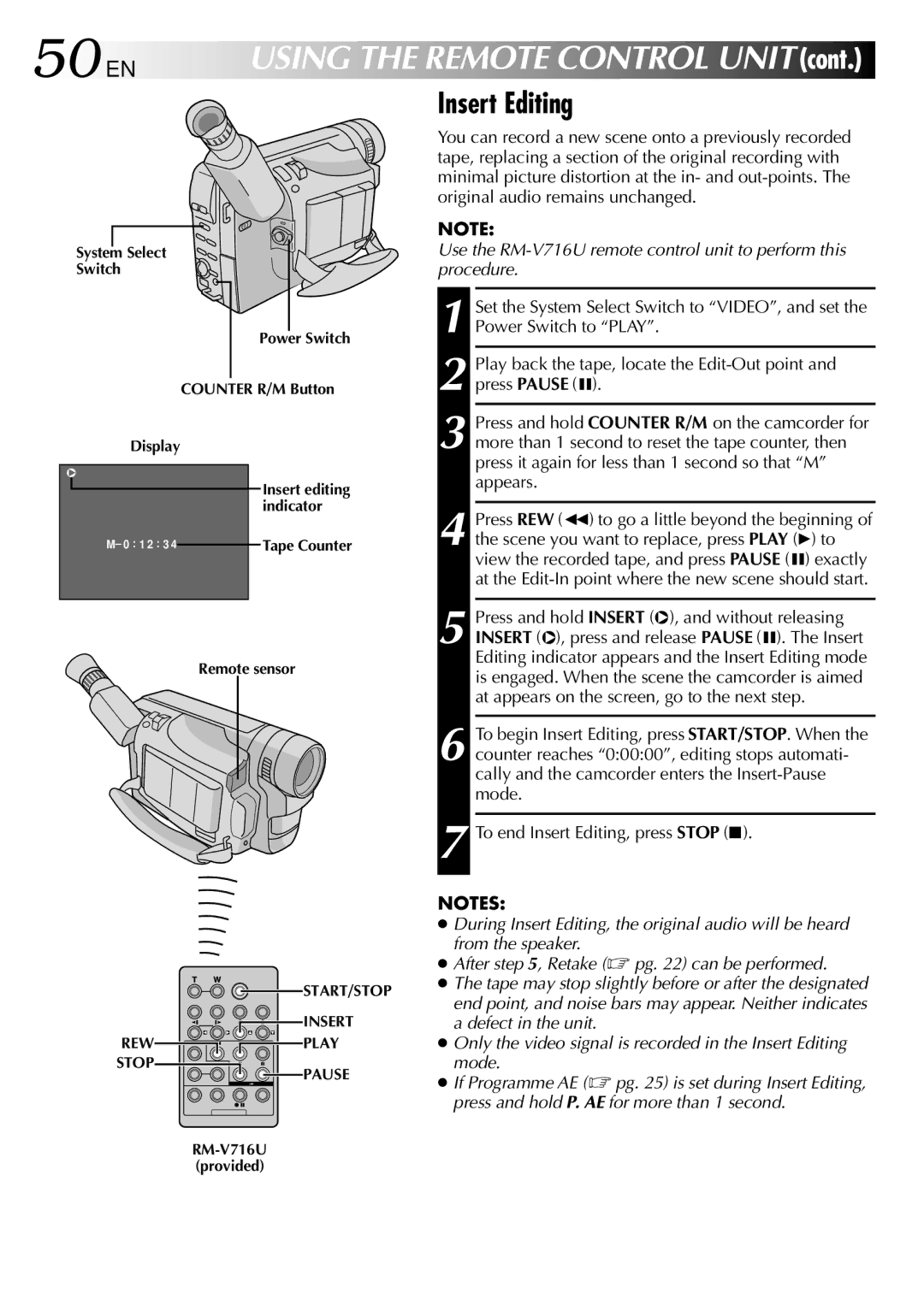 JVC GR-SXM760A specifications 50 EN, Insert Editing 