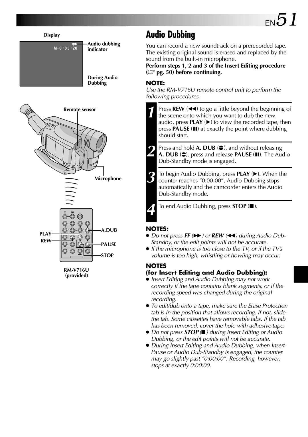 JVC GR-SXM760A specifications For Insert Editing and Audio Dubbing 