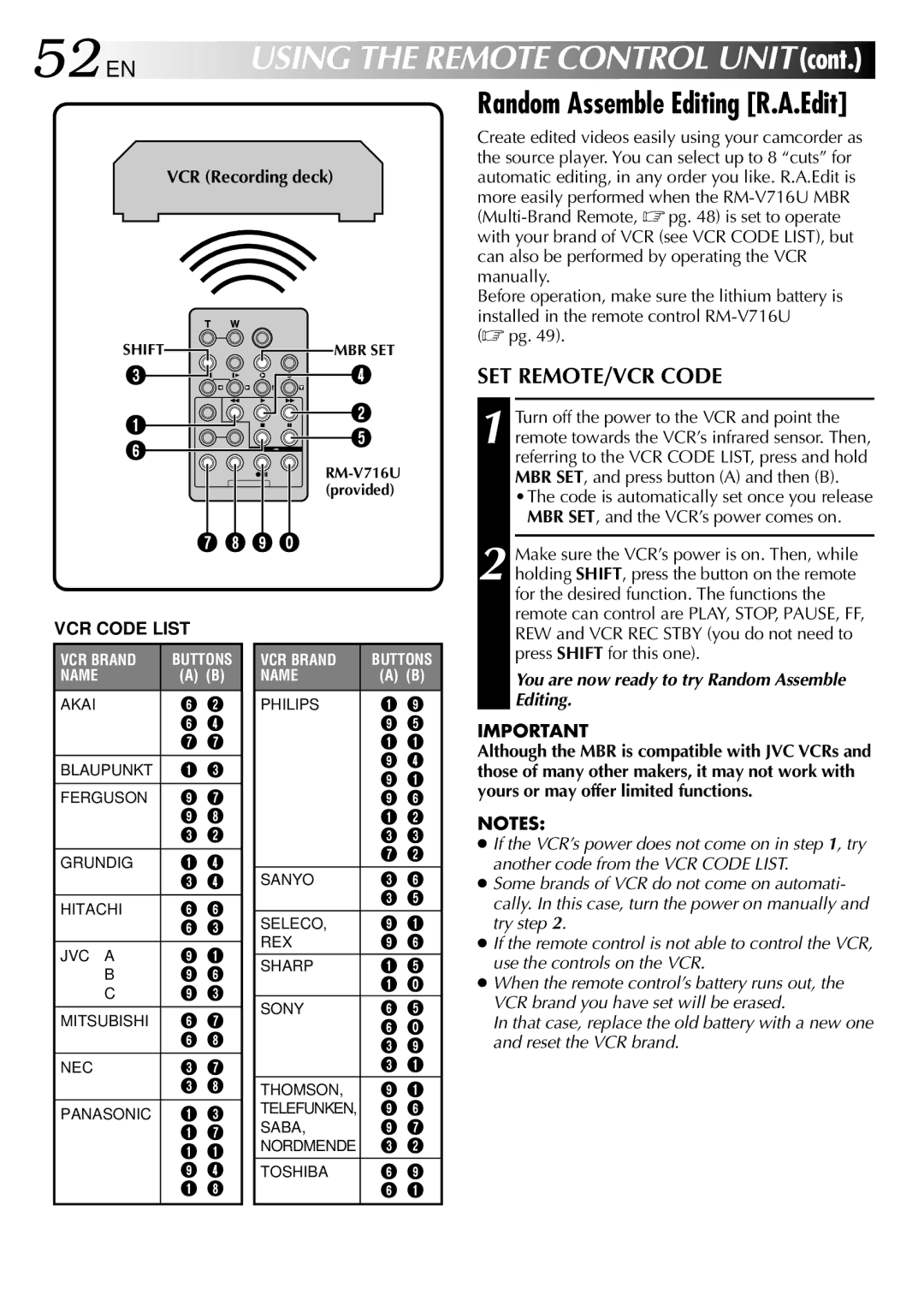 JVC GR-SXM760A specifications 52 EN, Random Assemble Editing R.A.Edit, SET REMOTE/VCR Code, VCR Recording deck 