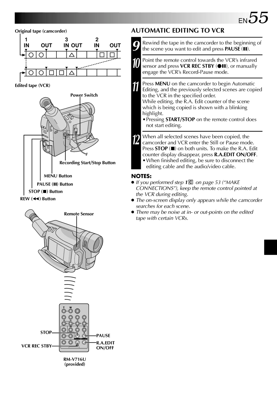 JVC GR-SXM760A specifications Automatic Editing to VCR, Editing cable and the audio/video cable 